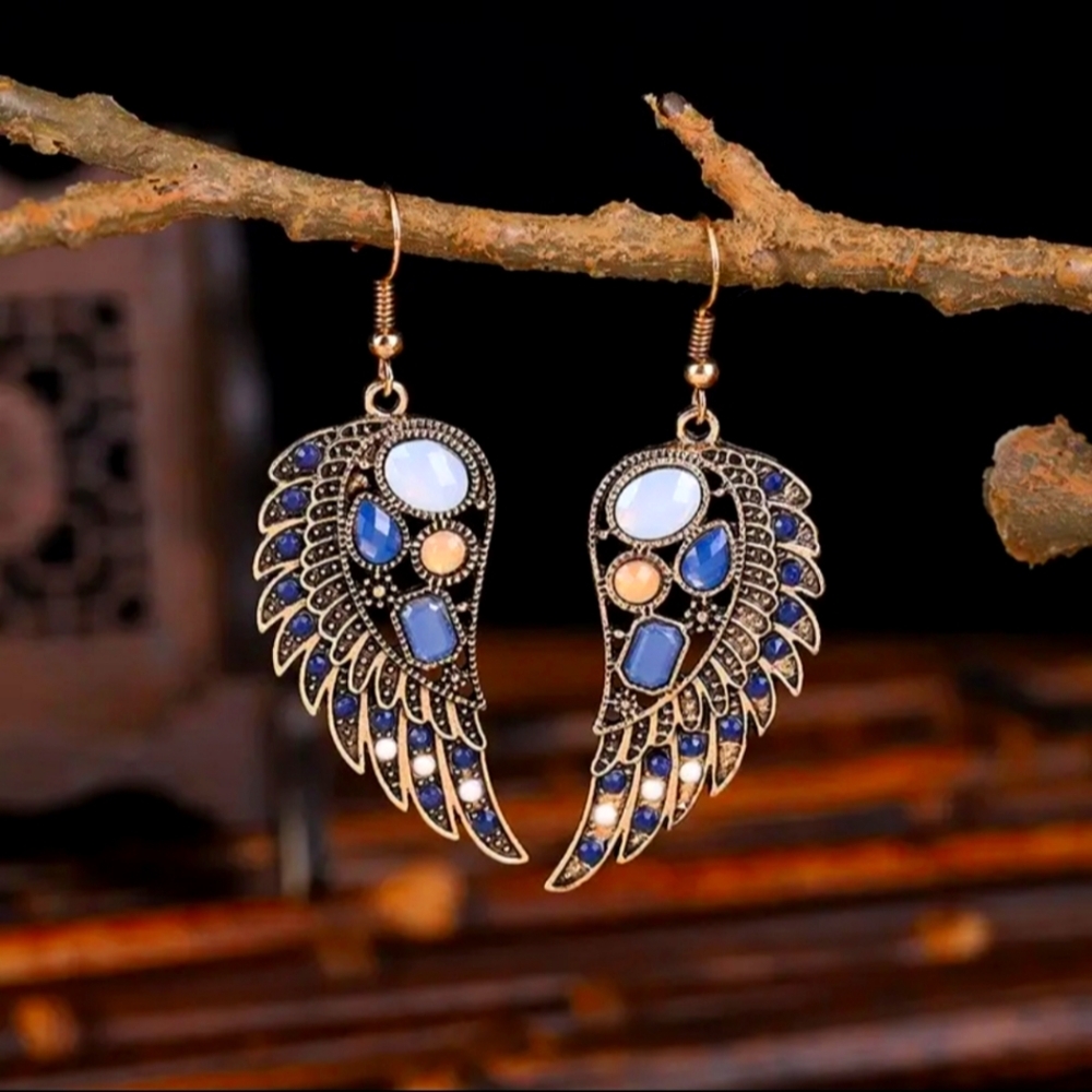 Vintage Ethnic Style Wings Gems Earrings